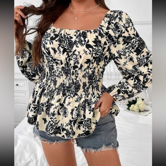 Boho black floral print square lantern sleeve blouse - Picture 15 of 15